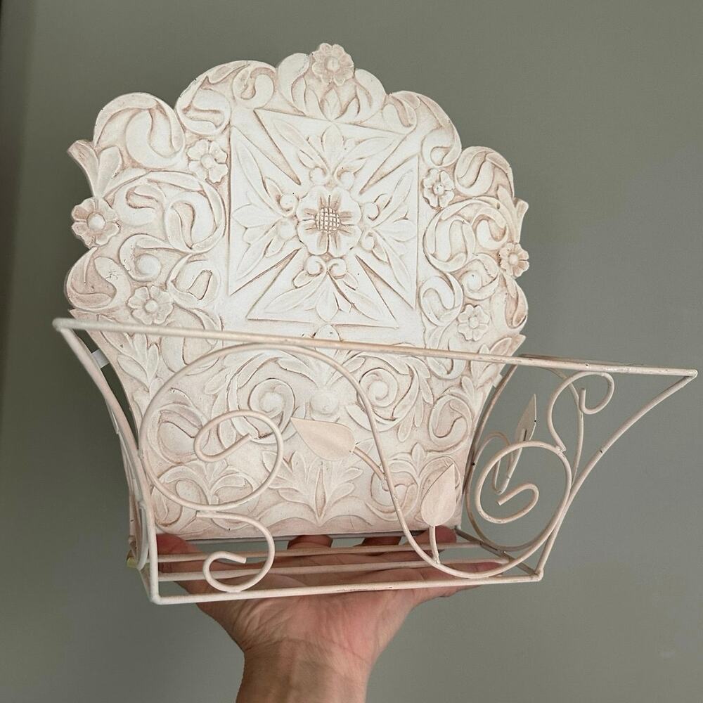 Vintage Metal Wall Mount plant holder Rack cream cottage decor French country